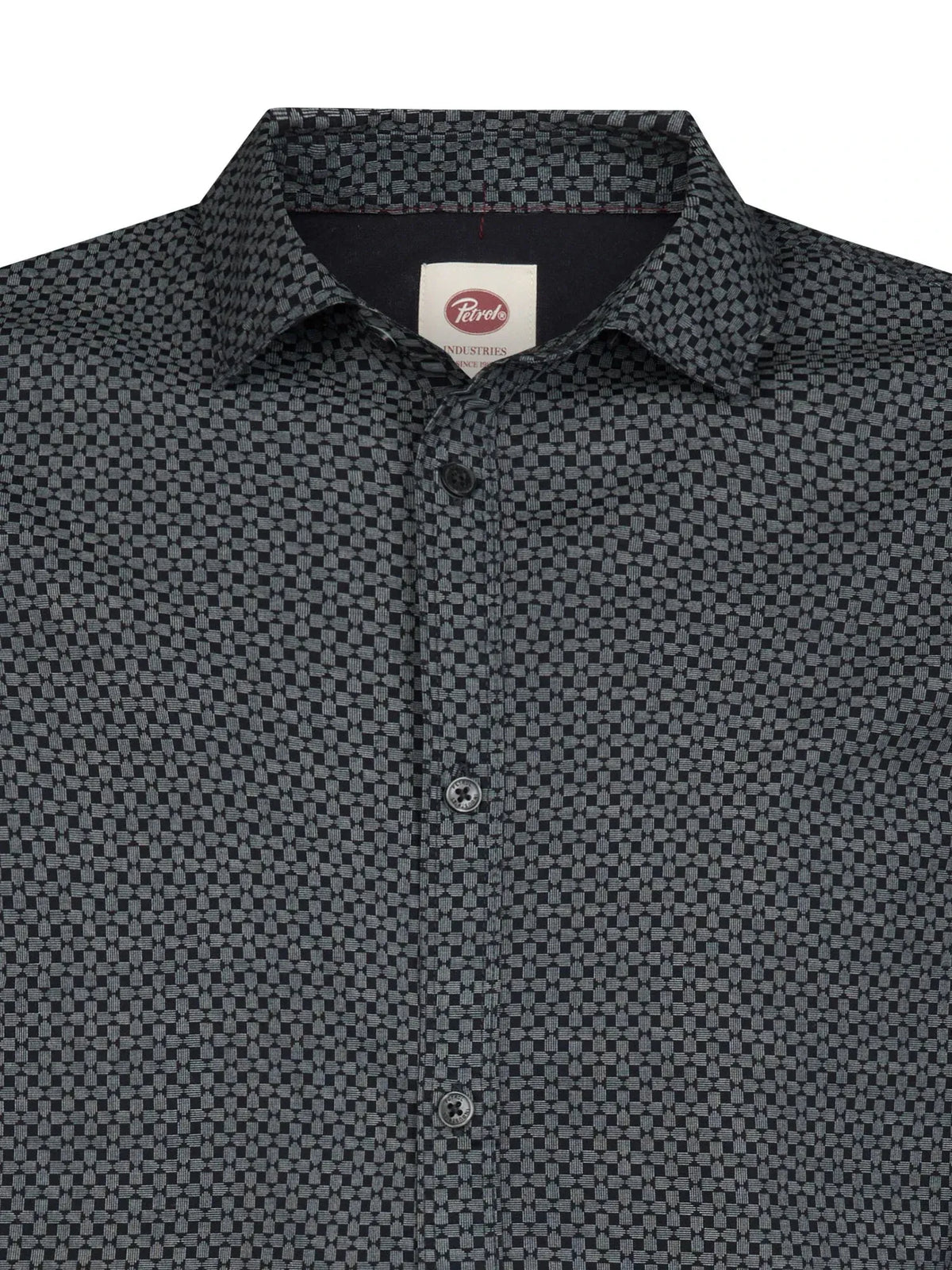 CAMICIA UOMO SLIM FIT IN COTONE ELASTICIZZATO PETROL INDUSTRIES – MICRO FANTASIA E ABBOTTONATURA NASCOSTA