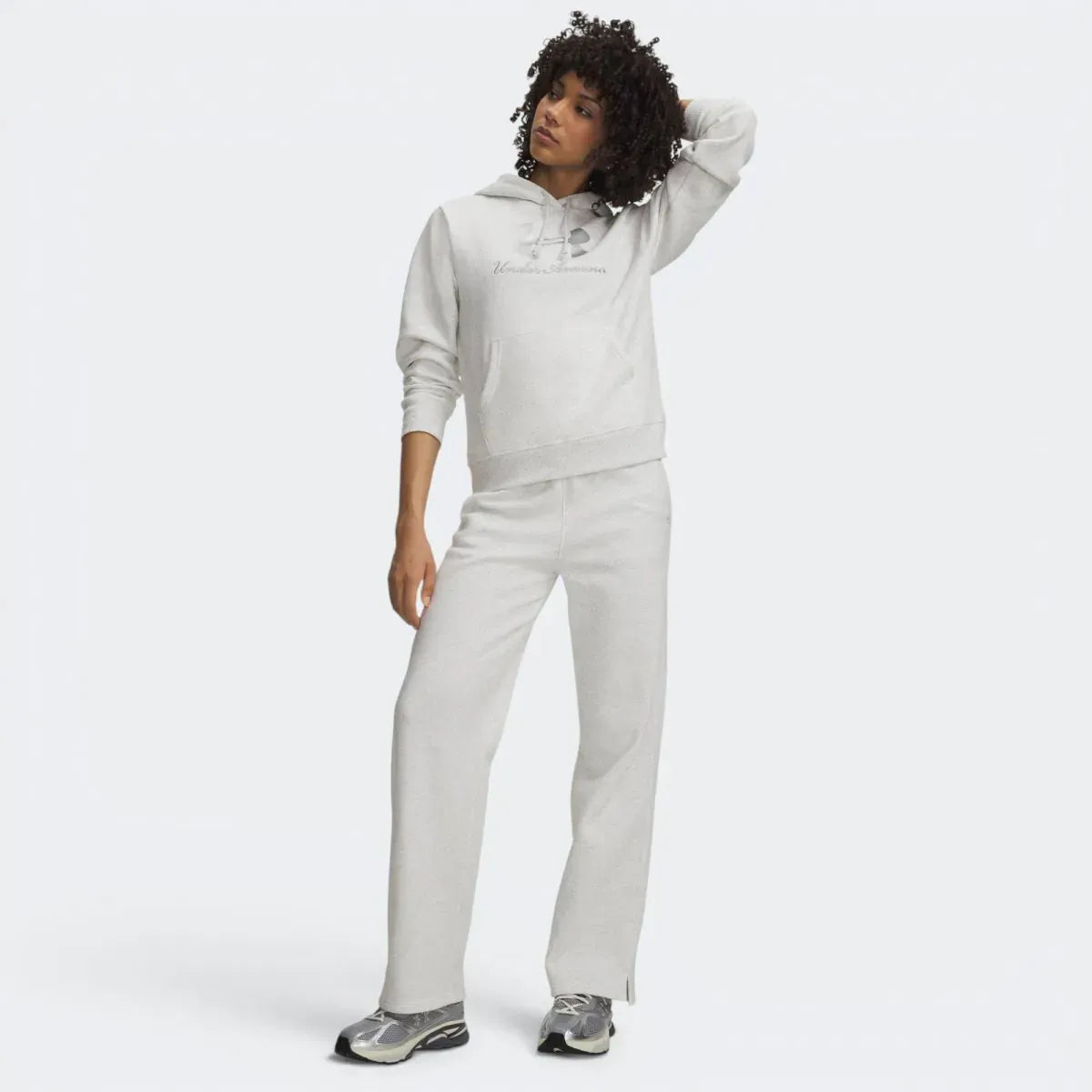 PANTALONI TUTA DONNA UNDER ARMOUR FLEECE GAMBA DRITTA CON SPACCO – GRIGIO CHIARO ERICA / BIANCO
