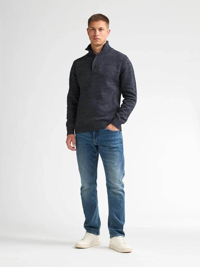 MAGLIONE UOMO A COLLO ALTO IN COTONE RICICLATO PETROL INDUSTRIES CON BOTTONI E ZIP – ROYAL NAVY